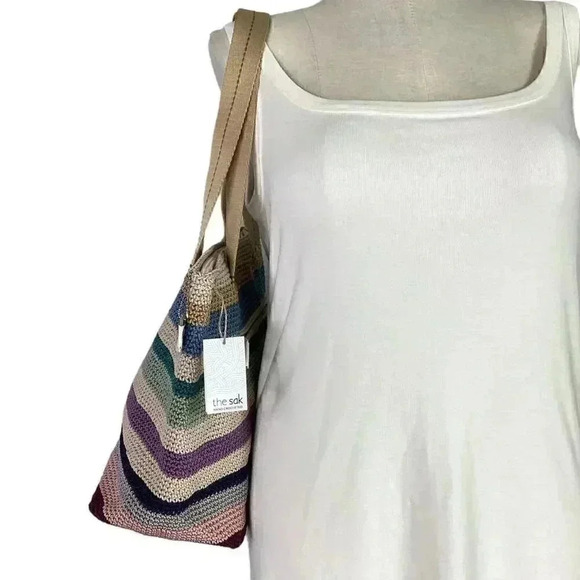 The Sak Mendocino Tote Large Multi Stripe Crochet Double Strap Zip Top Vegan NEW - Picture 5 of 14